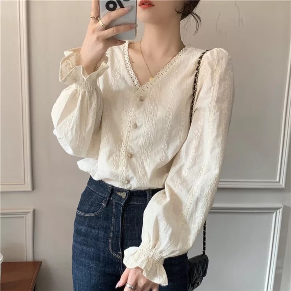 Floral lace trim blouse cream apricot bell sleeve button v-neck embroidery